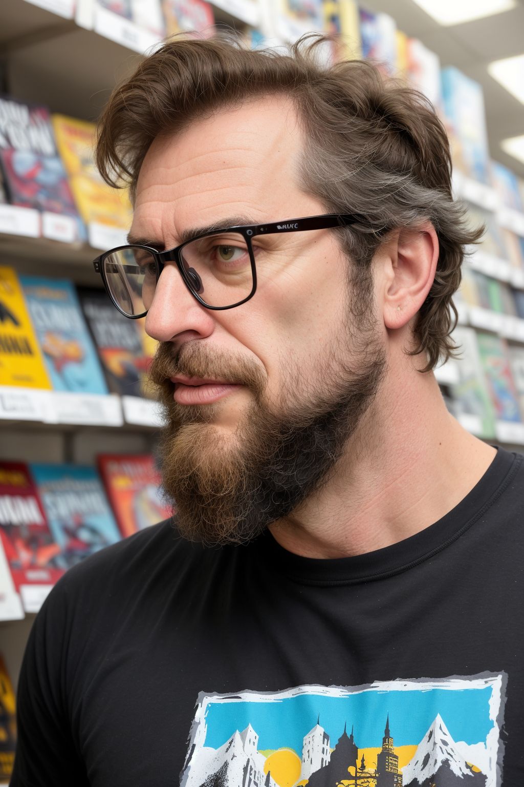 00000-1064429425-full-body profile photo of a 50yo scruffy nerd man, in the comic bookstore, messy tousled hair and beard, feeling lost surprised.jpg